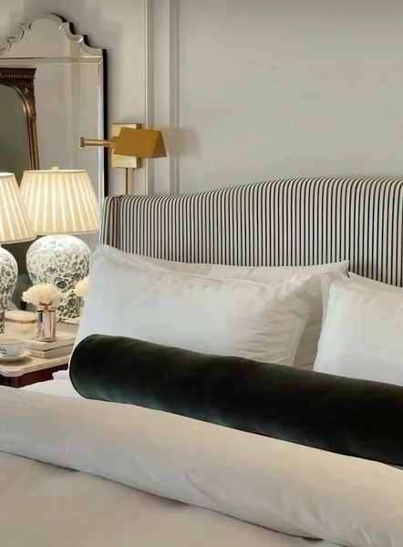 upholstered headboard, striped headboard, bed headboard, bedroom furniture, queen headboard, brand awareness, lifestyle, editorial, calm, luxurious, neutral